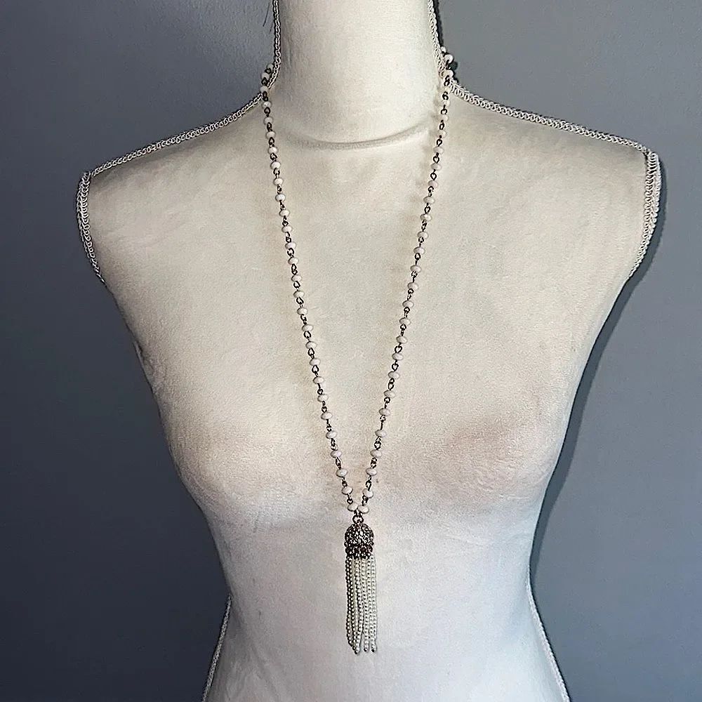 Charming Charlie Faux Pearl Strand Tassel Necklace!